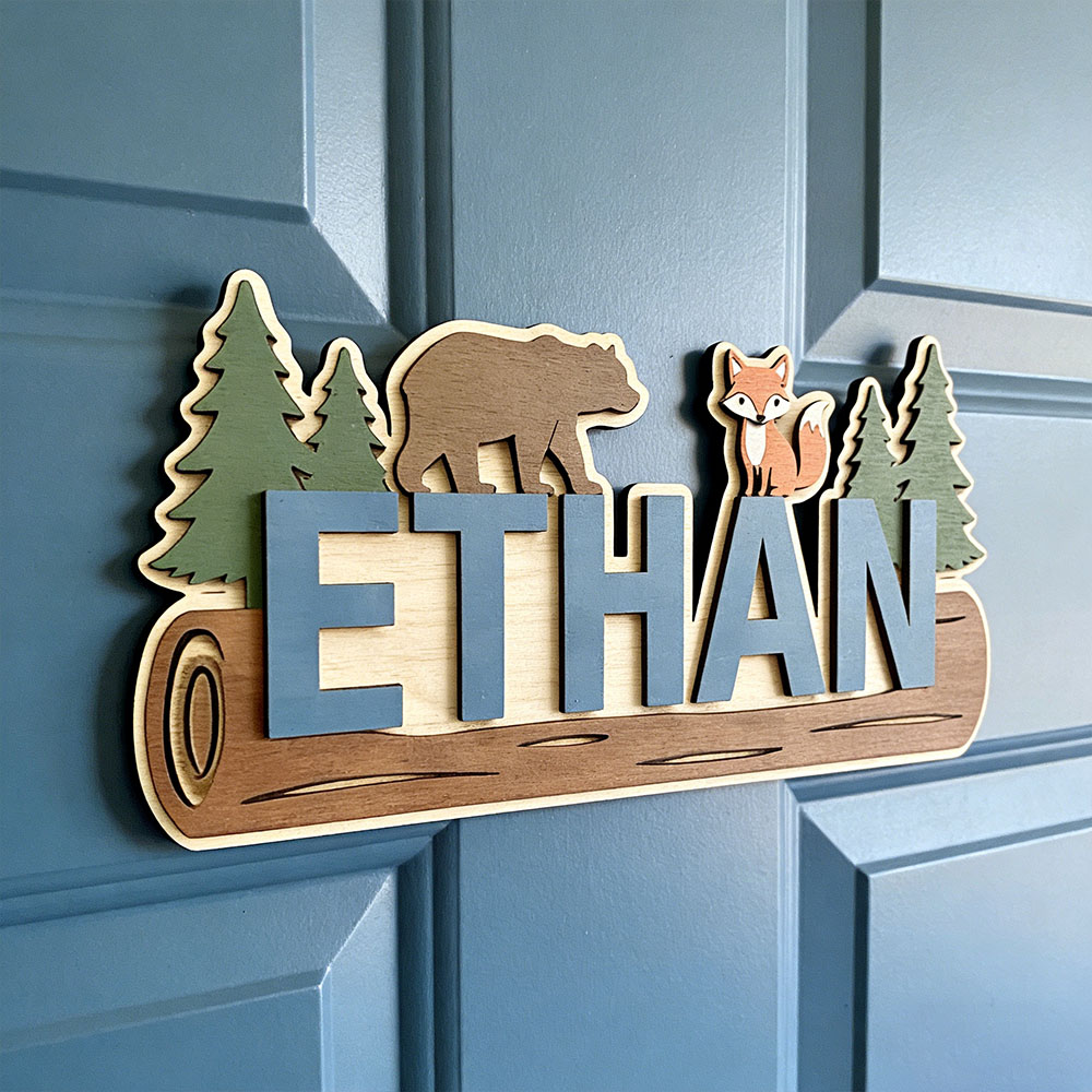 Baby Nursery Name - Papan Nama Kayu Hewan Hutan Personalisasi