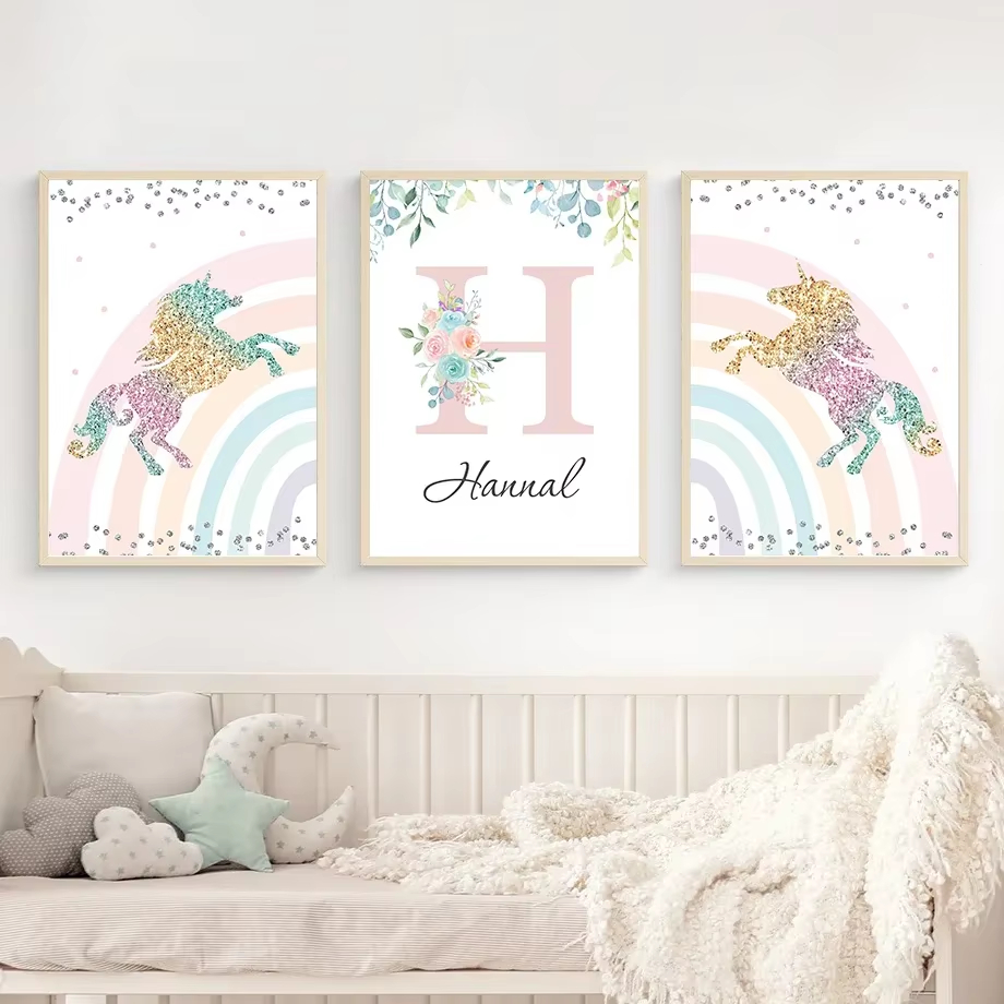 Baby Unicorn Nursery - Lukisan Minyak Mural Kamar Anak Pelangi