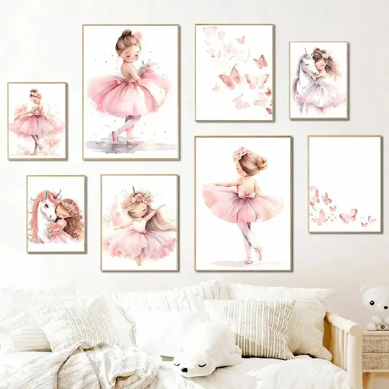 Baby Unicorn Nursery - Poster Kupu-kupu Unicorn Gadis Balerina Merah
