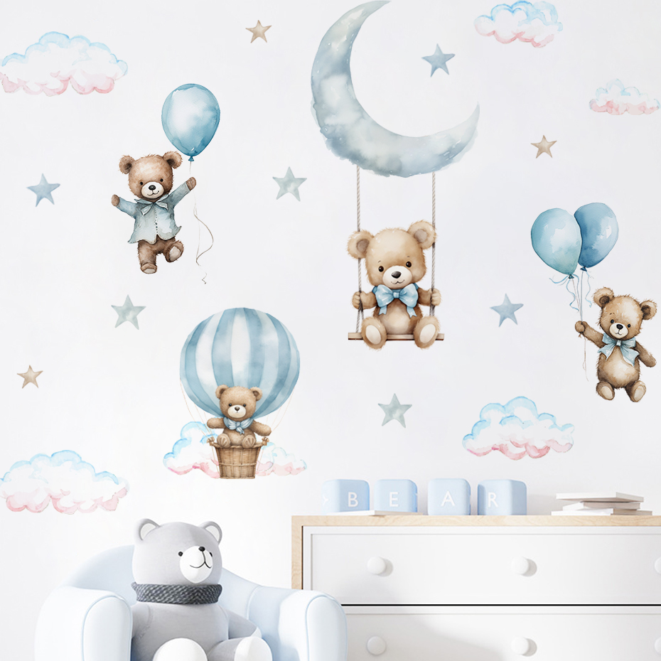 Baby Nursery Hot Air Balloon - Stiker dinding awan balon udara beruang