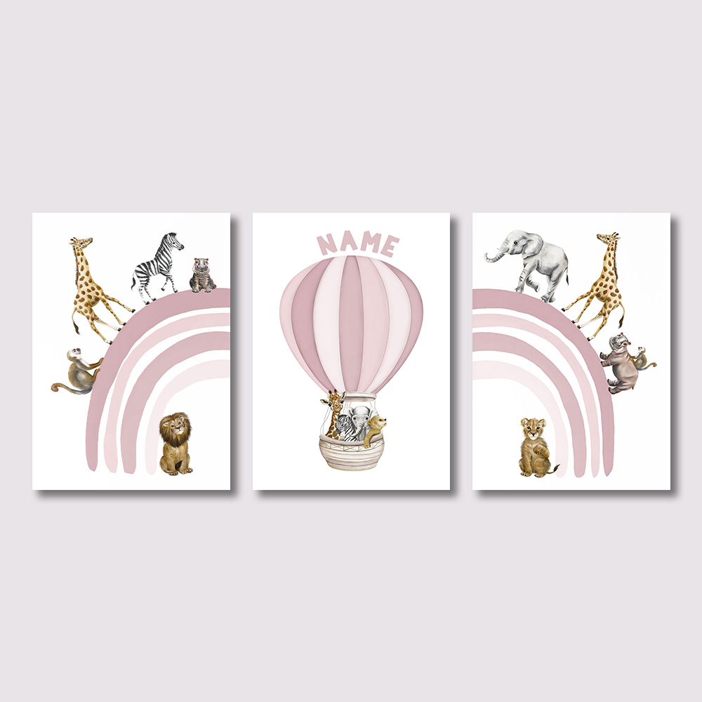 Baby Nursery Hot Air Balloon - 3PCS Lukisan Kanvas Hewan Safari, Seni