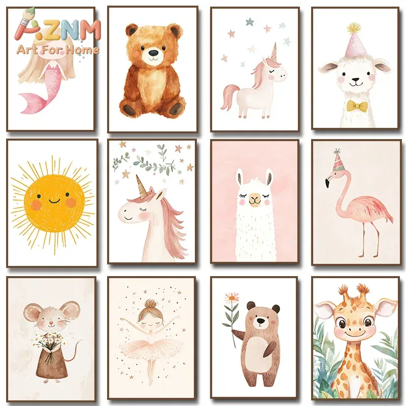 Baby Unicorn Nursery - Lukisan Kanvas Hewan Lucu AZNM, Seni