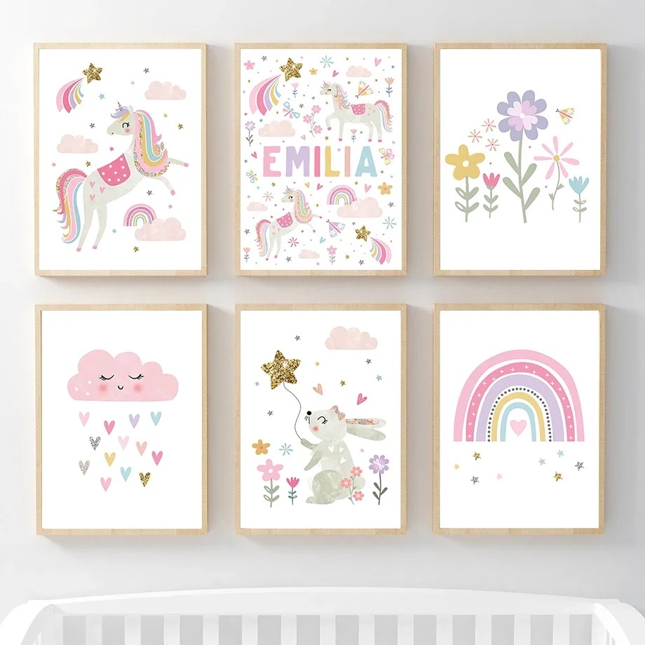 Baby Unicorn Nursery - Poster Lukisan Kanvas Seni Dinding Minimalis